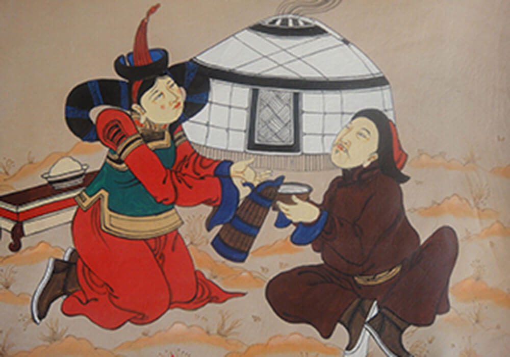 illustration ancienne de deux personnes devant une yourte